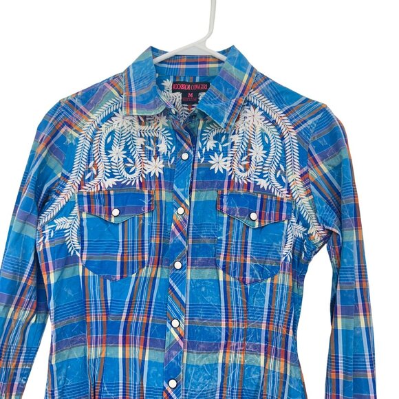 Rock & Roll Cowgirl Blue Plaid Western Snap Button Shirt SZ M Embroidered - Picture 10 of 13